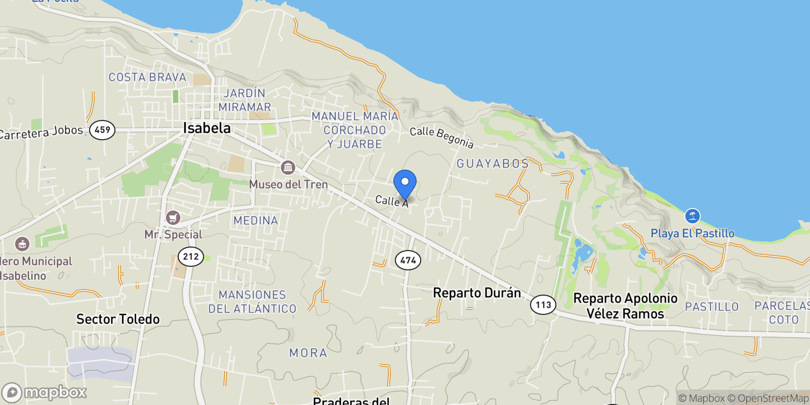 Map showing Isabela CALLE A 37, Isabela, Isabela, Puerto Rico.