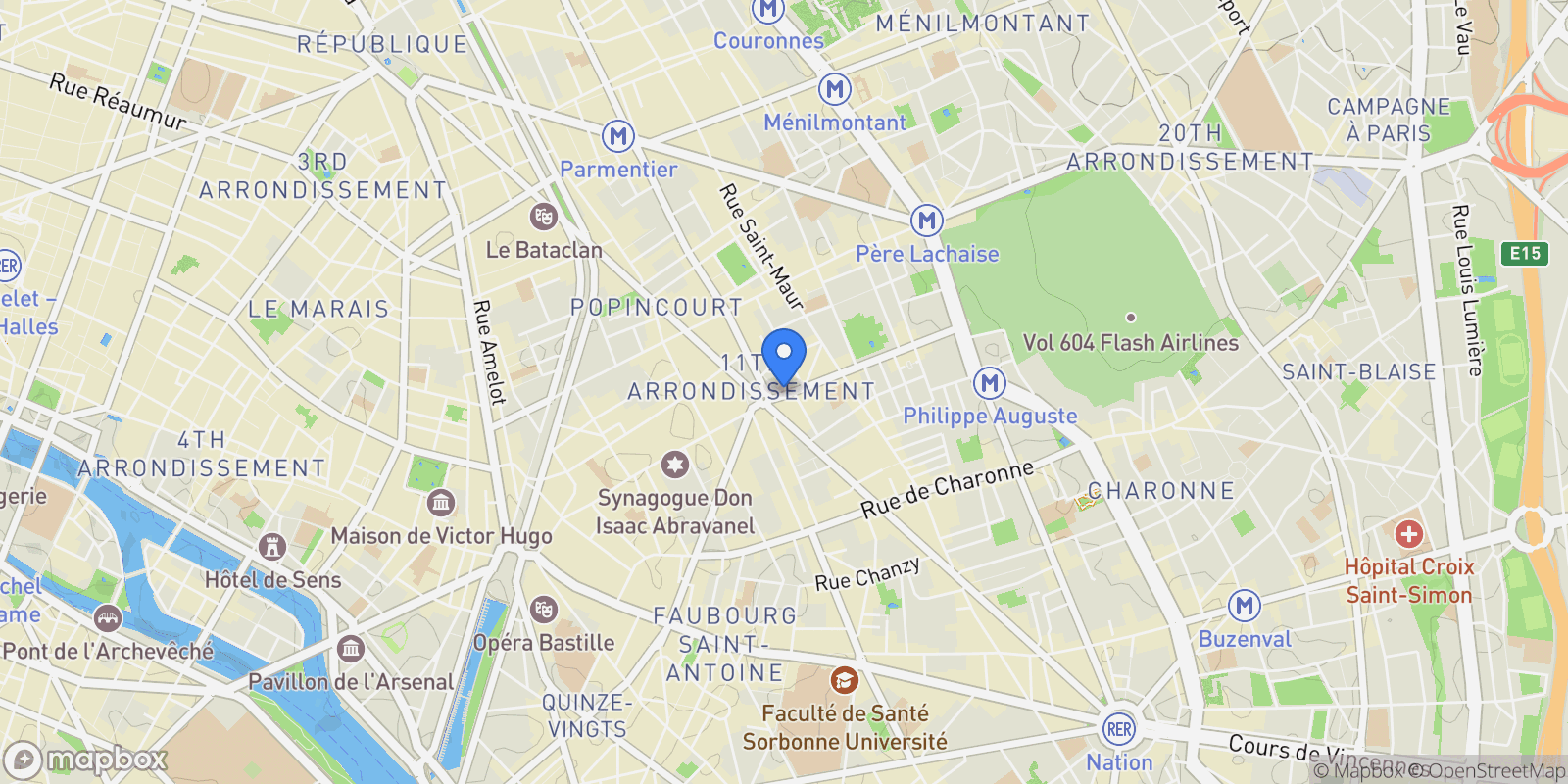 Map showing 75011 Paris, France, Paris, Île-de-France, France.