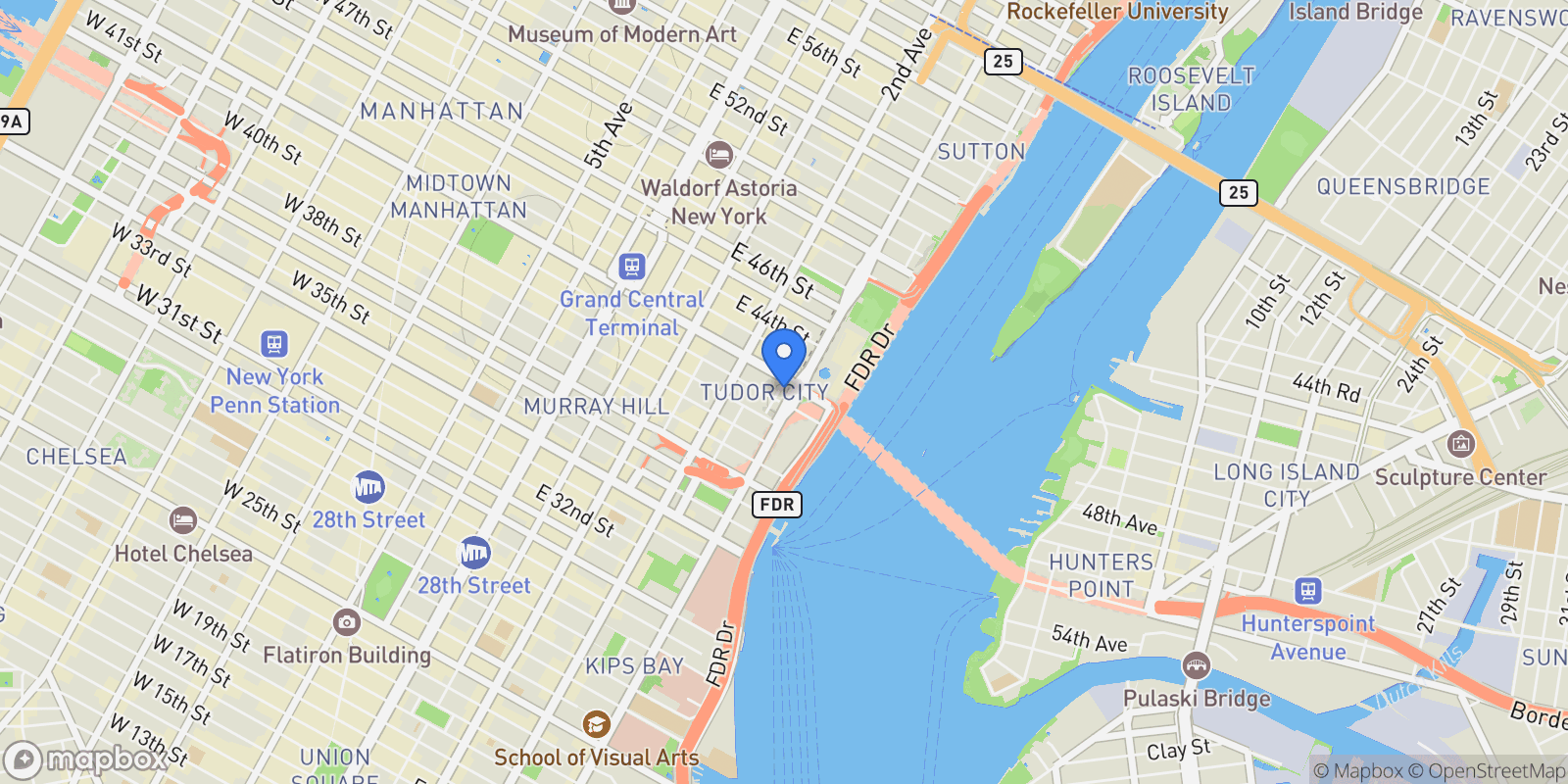 Map showing Tudor Tower, 25 TUDOR CITY PL, New York, New York, United States.