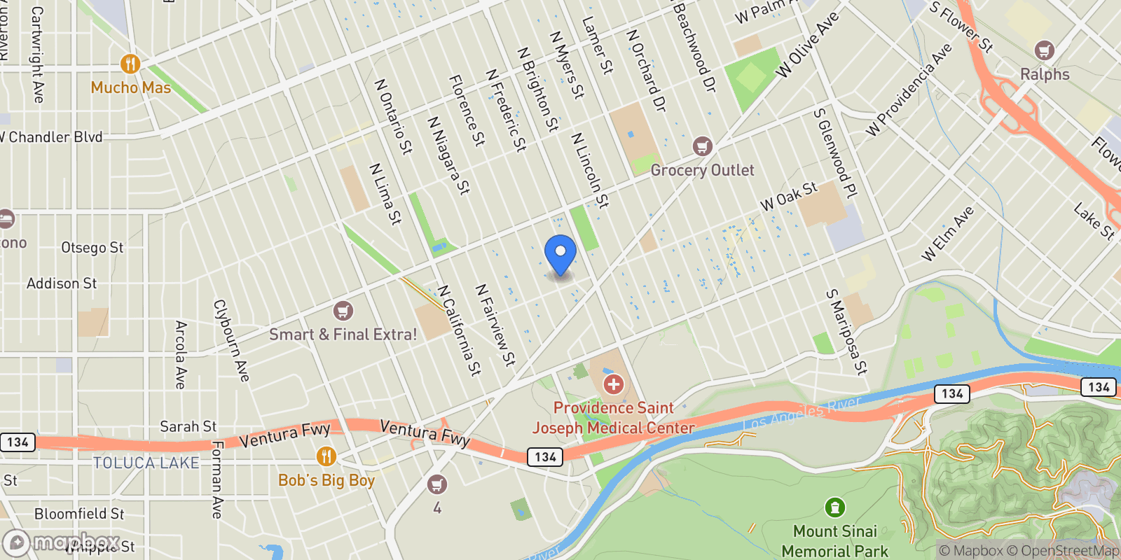 Map showing 210 N Naomi, Burbank, California, United States.
