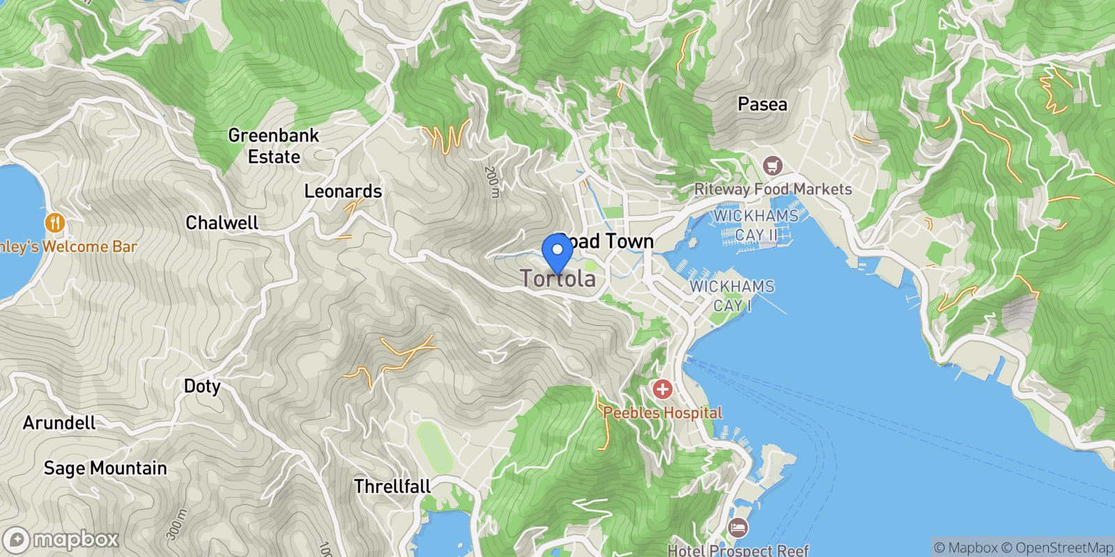 Map showing Mango Bay Resort & Villas, Virgin Gorda, Road Town, Tortola, British Virgin Islands.