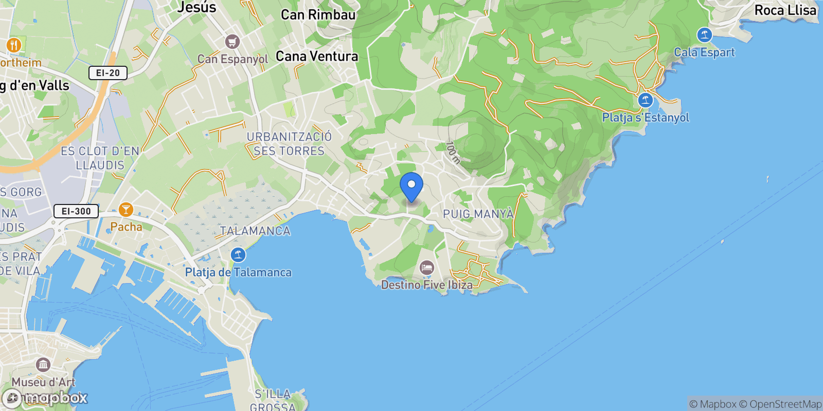 Map showing Cap Martinet, Santa Eularia des Riu, Balearic Islands.
