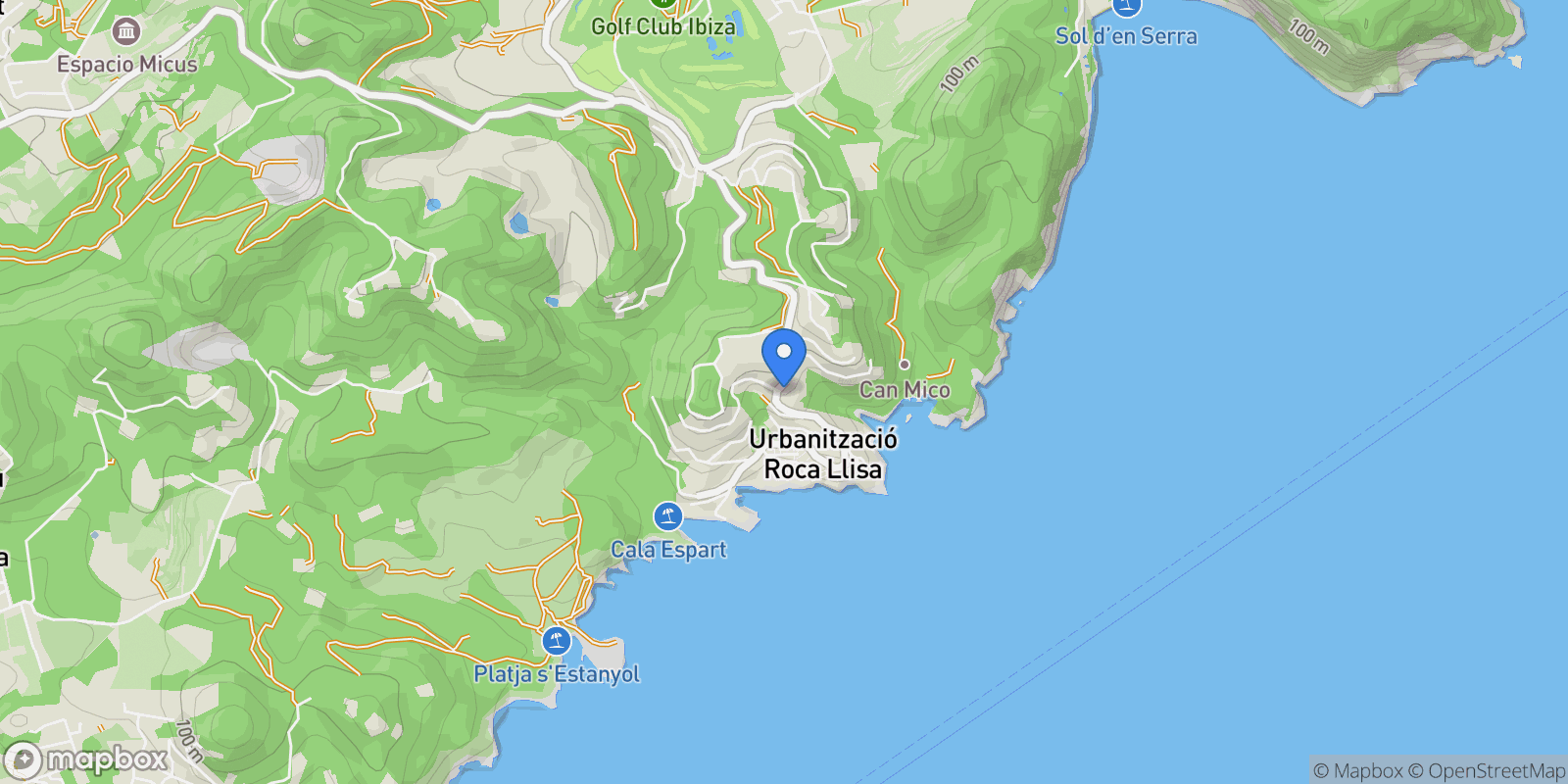 Map showing Roca Llisa, Santa Eularia des Riu, Balearic Islands.