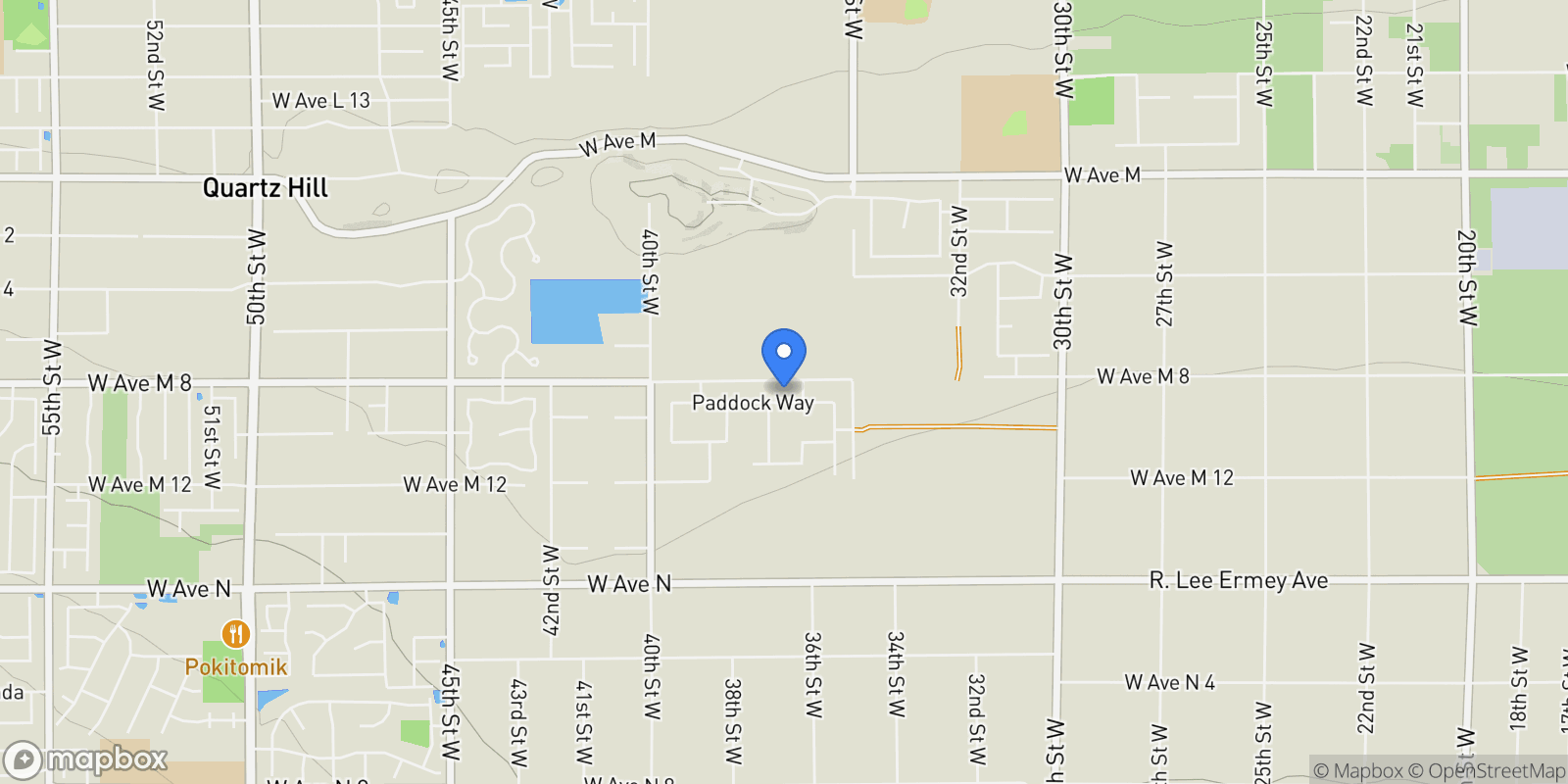 Map showing 3625 Paddock Way, Lancaster, California, United States.