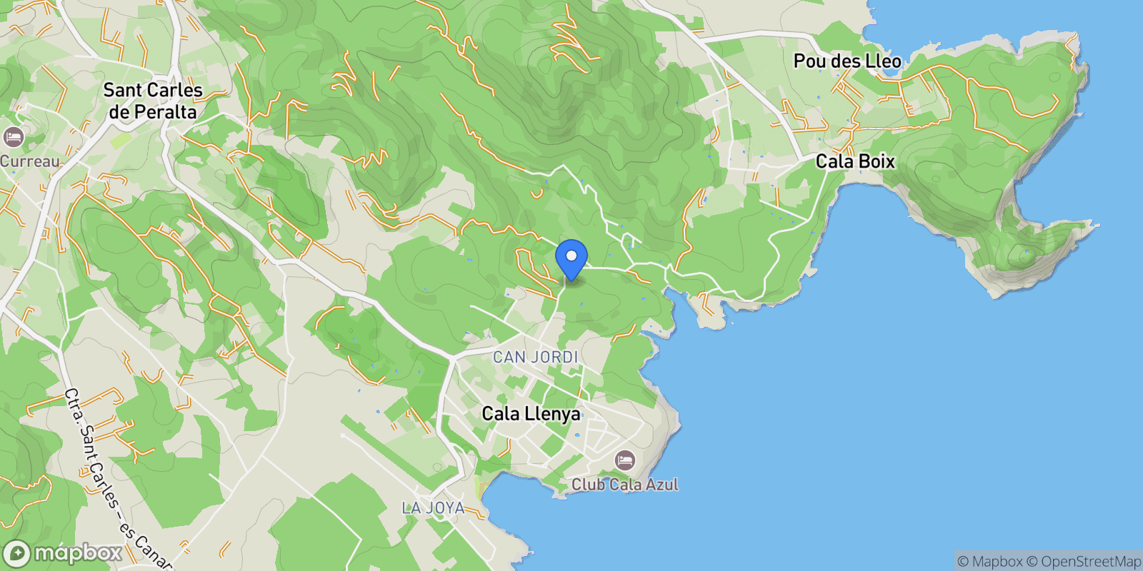 Map showing Cala Mastella, Santa Eularia des Riu, Balearic Islands.