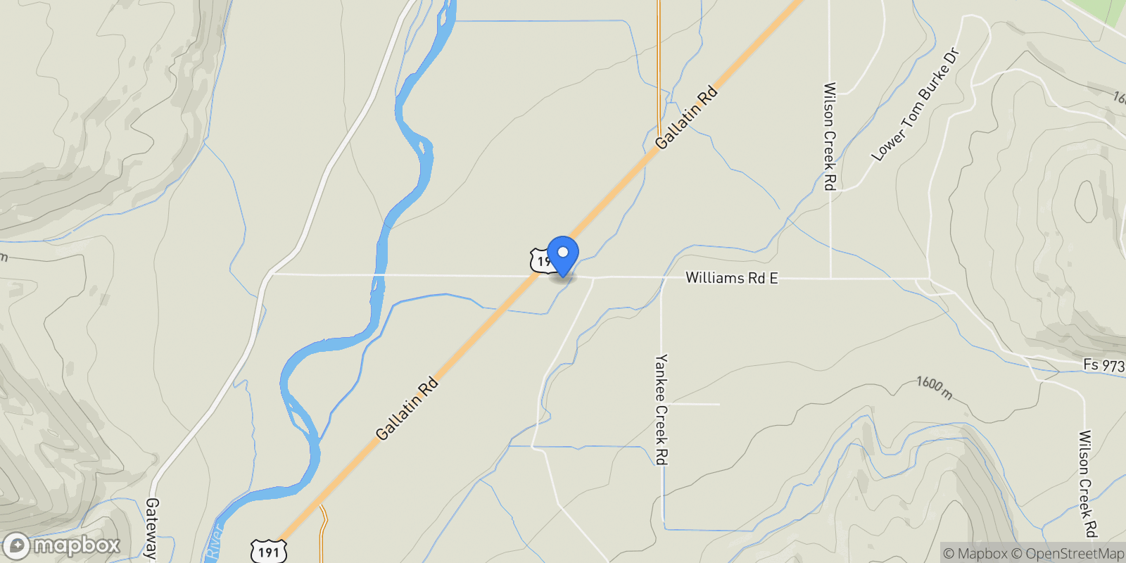 Map showing 56 & 70 E Williams Road, Gallatin Gateway, Montana, United States.