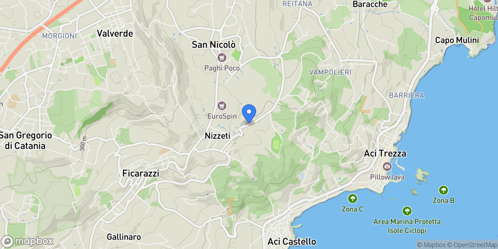 Map showing Via Oliva S. Mauro, Aci Catena CT, Italy, Vampolieri II, Sicily, Italy.
