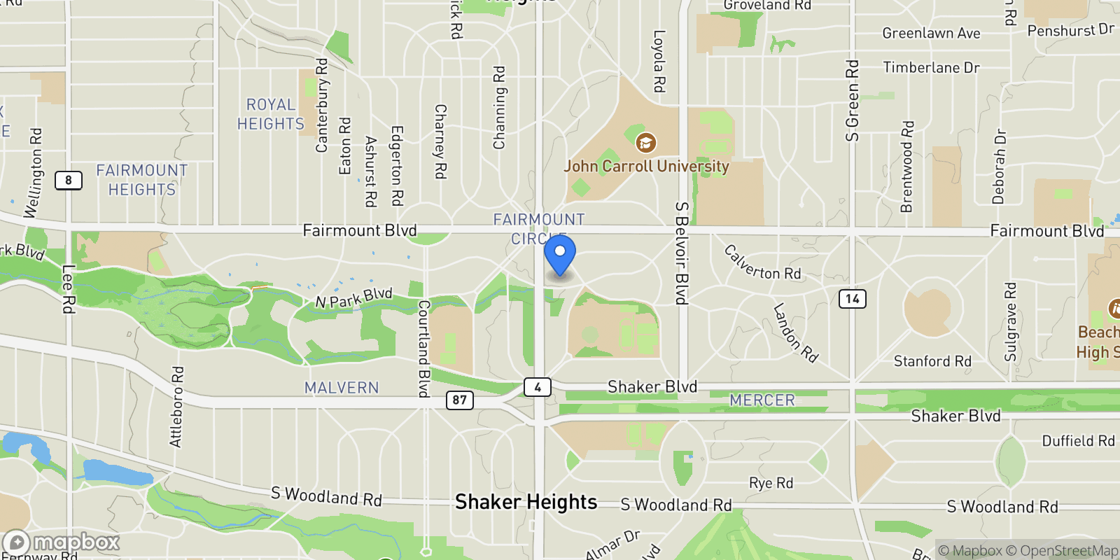 Map showing 20601 Shelburne Road, Shaker Heights, OH 44122, Shaker Heights, Ohio, United States.