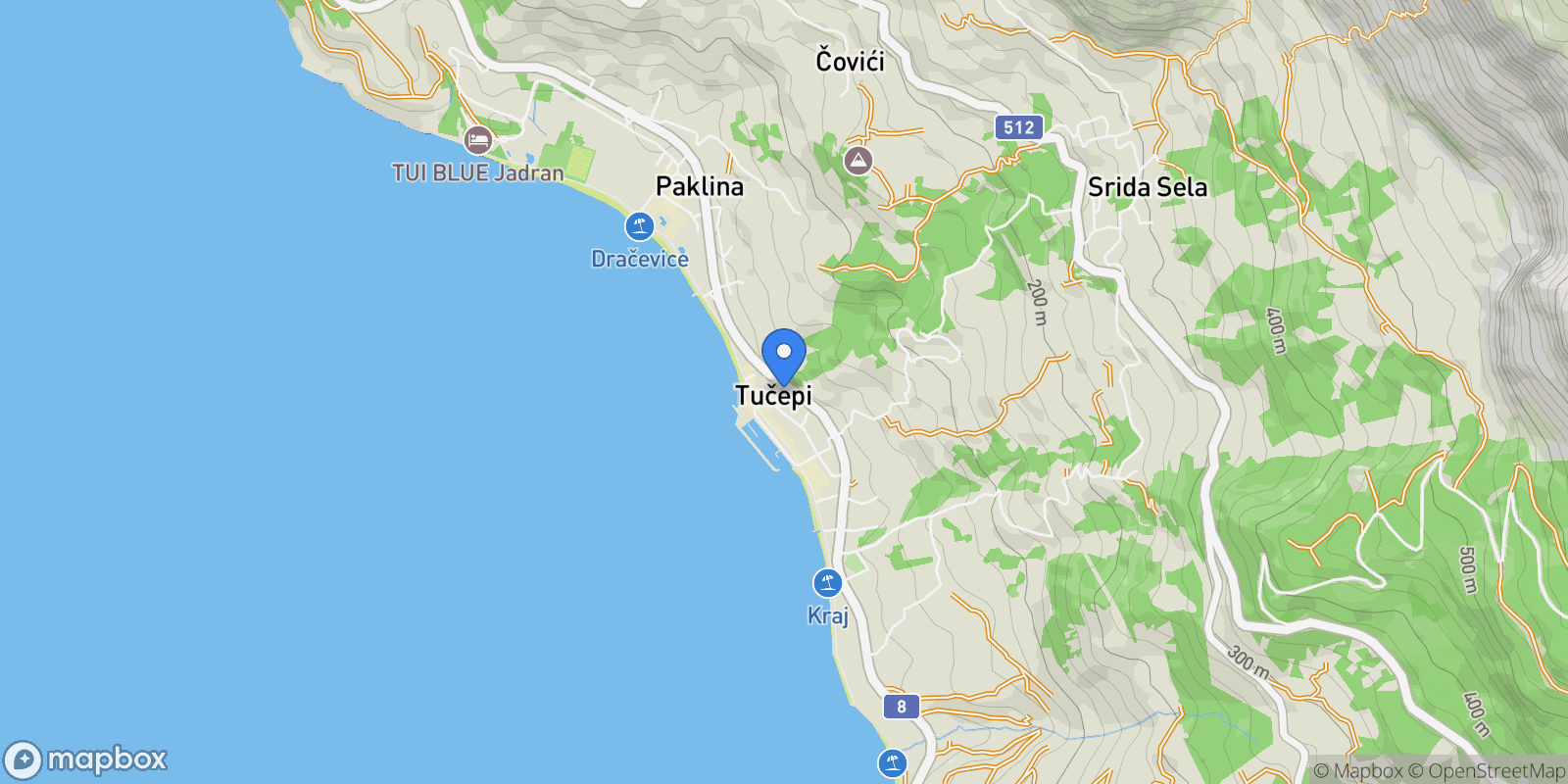 Map showing Tucepi, Split-Dalmatia County, Croatia.