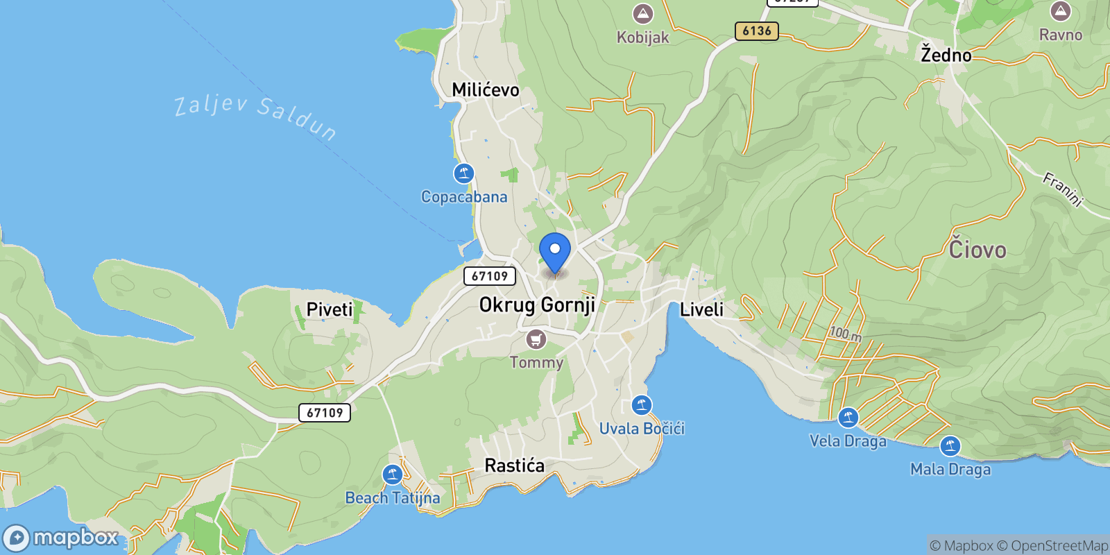 Map showing Okrug Gornji, Split-Dalmatia County, Croatia.