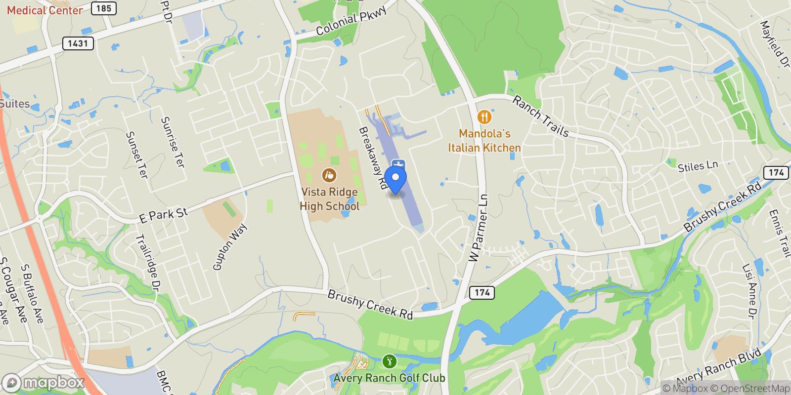 Map showing 700 Breakaway Road, Cedar Park, Texas, United States.