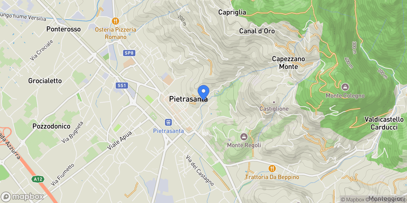 Map showing Via Santa Maria, 55045 Pietrasanta LU, Italy, Pietrasanta, Tuscany, Italy.