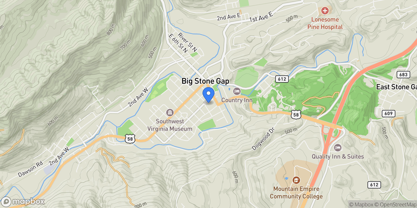 Map showing 308 Pearl Avenue, Big Stone Gap, VA 24219, Big Stone Gap, Virginia, United States.