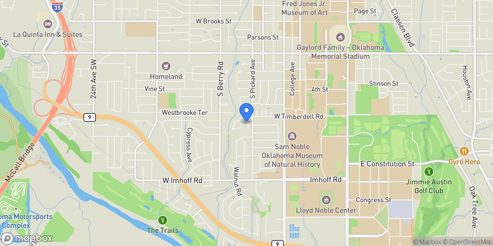 Map showing 1902 Pin Oak Circle, Norman, OK 73072, Norman, Oklahoma, United States.