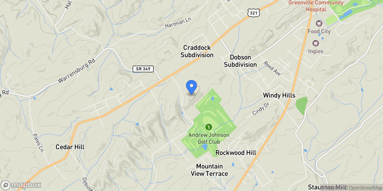 Map showing 215 Lick Hollow Road, Greeneville, TN 37743, Greeneville, Tennessee, United States.