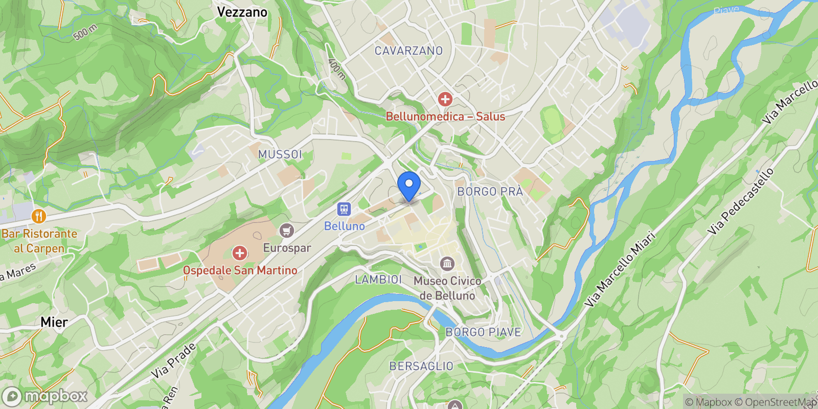 Map showing 32100 Belluno, Province of Belluno, Italy, Belluno, Veneto, Italy.