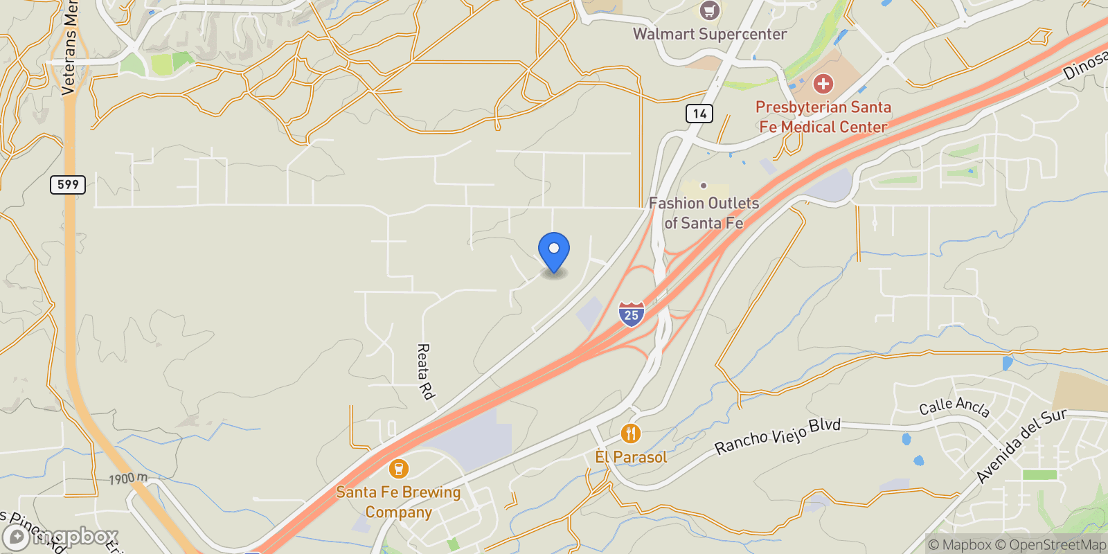 Map showing 23 Senda Corvo, Santa Fe, NM 87507, Santa Fe, New Mexico, United States.