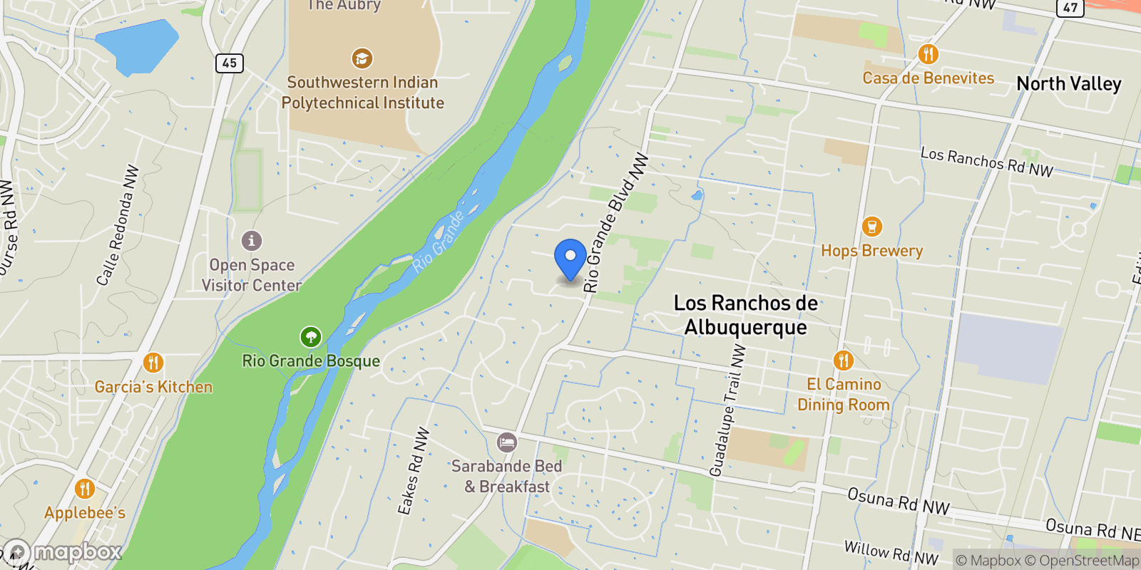 Map showing 1004 Cottonwood Place NW, Albuquerque, NM 87107, Los Ranchos de Albuquerque, New Mexico, United States.