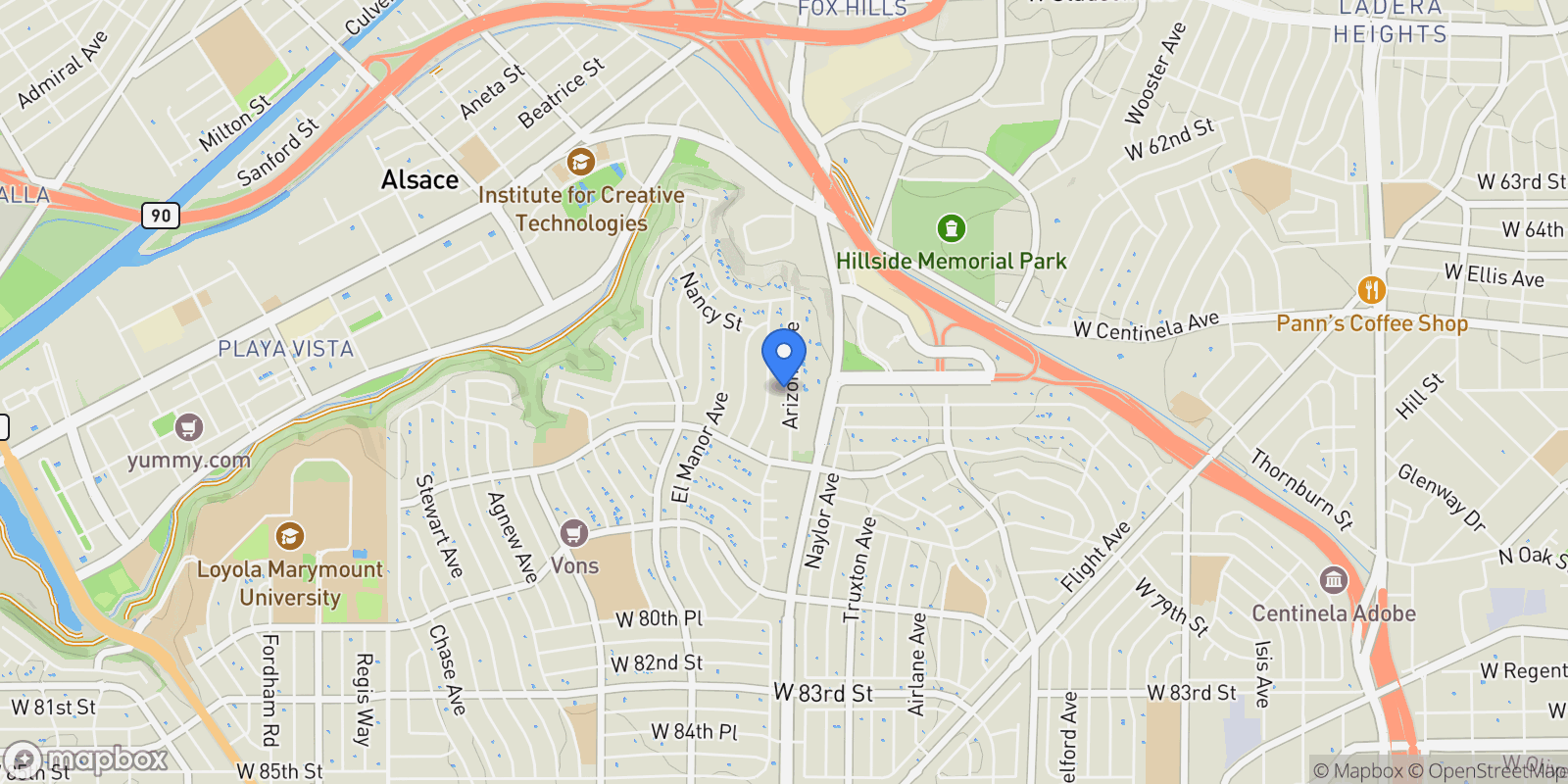 Map showing 7221 Arizona Ave, Los Angeles, CA 90045, Los Angeles, California, United States.
