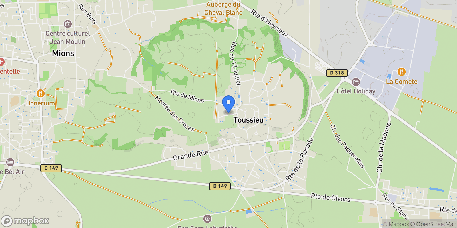 Map showing Toussieu, Auvergne-Rhône-Alpes, France.
