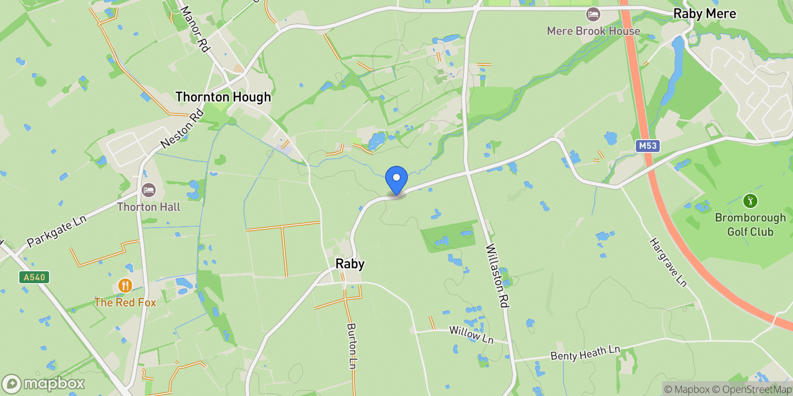 Map showing Raby Mere Road, Wirral, CH63, Wirral, England, United Kingdom.
