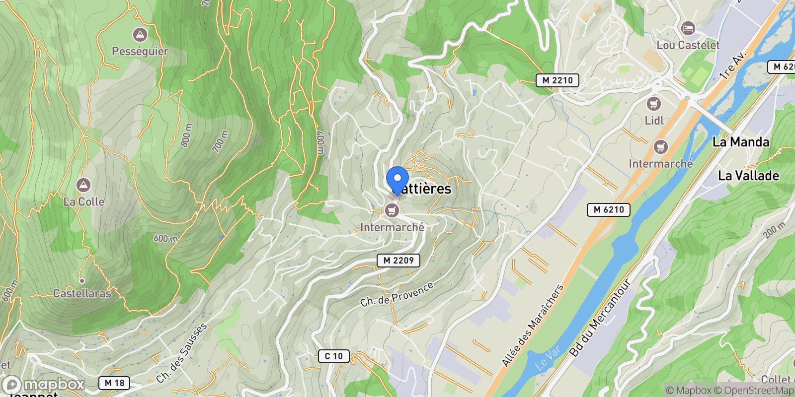 Map showing Gattières, Provence-Alpes-Côte d'Azur, France.