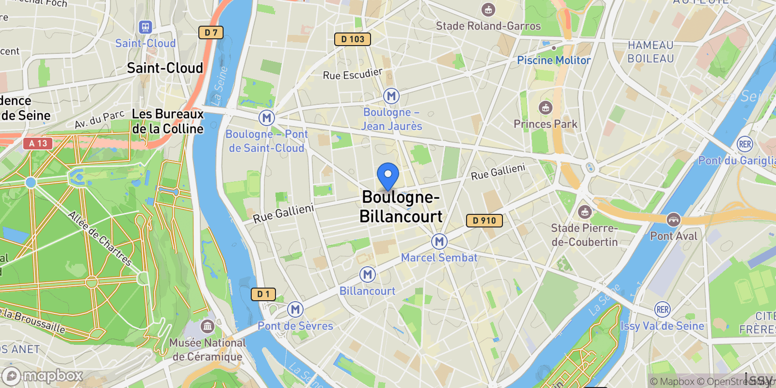 Map showing Boulogne-Billancourt, Île-de-France, France.