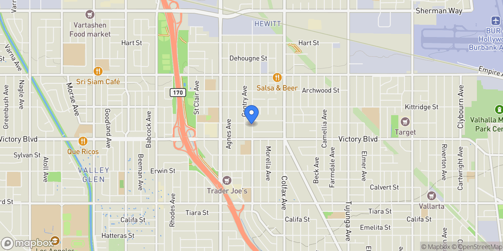 Map showing 6449 Radford Avenue, Los Angeles, California, United States.