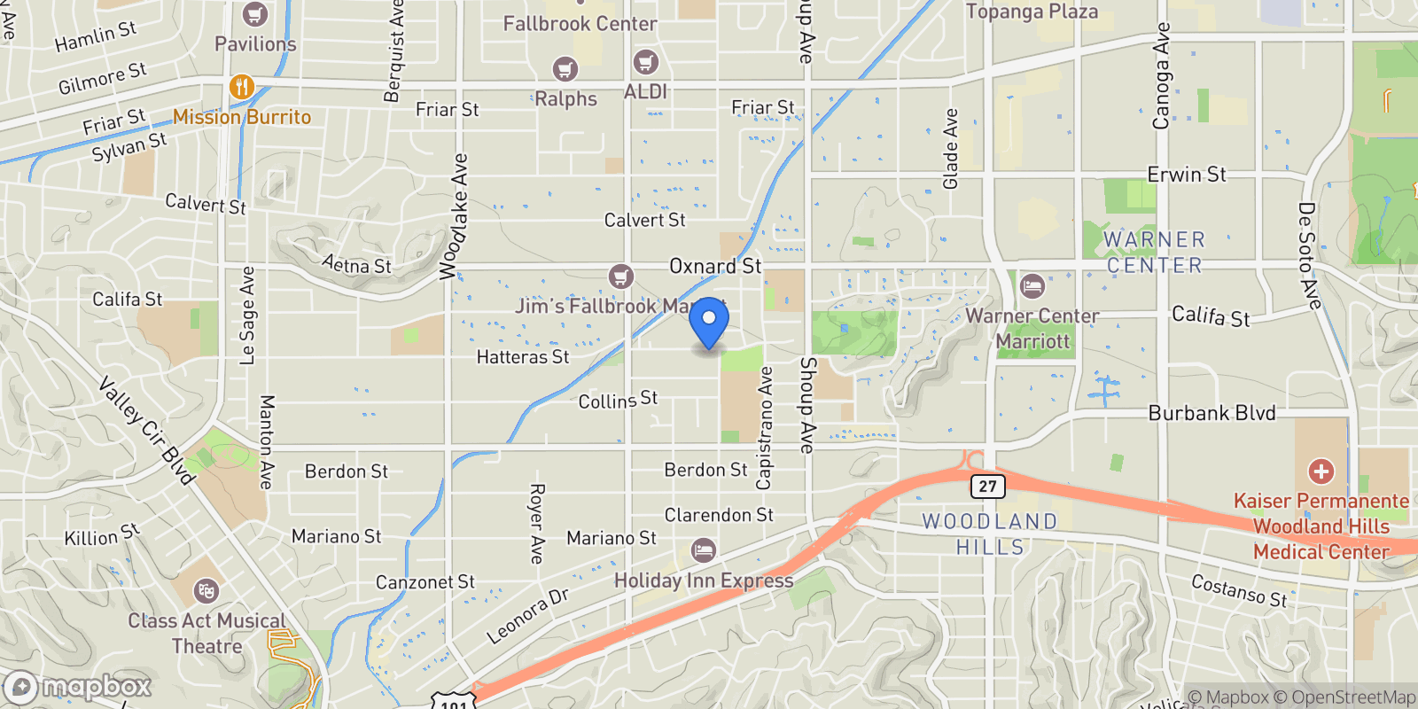 Map showing 22616 Hatteras Street, Los Angeles, California, United States.
