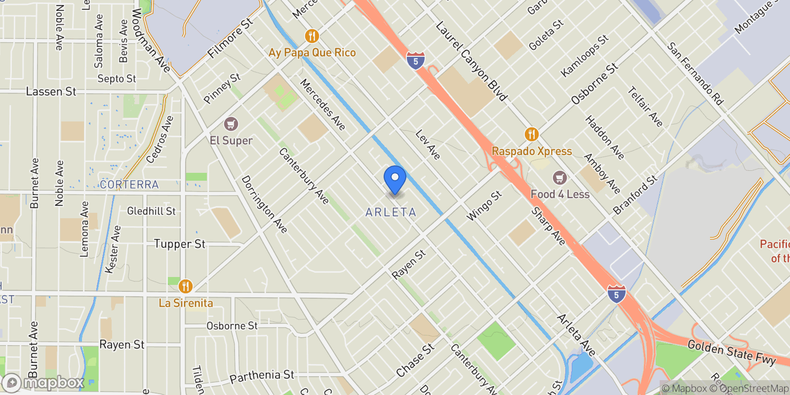 Map showing 13691 Kelowna Street, Los Angeles, California, United States.