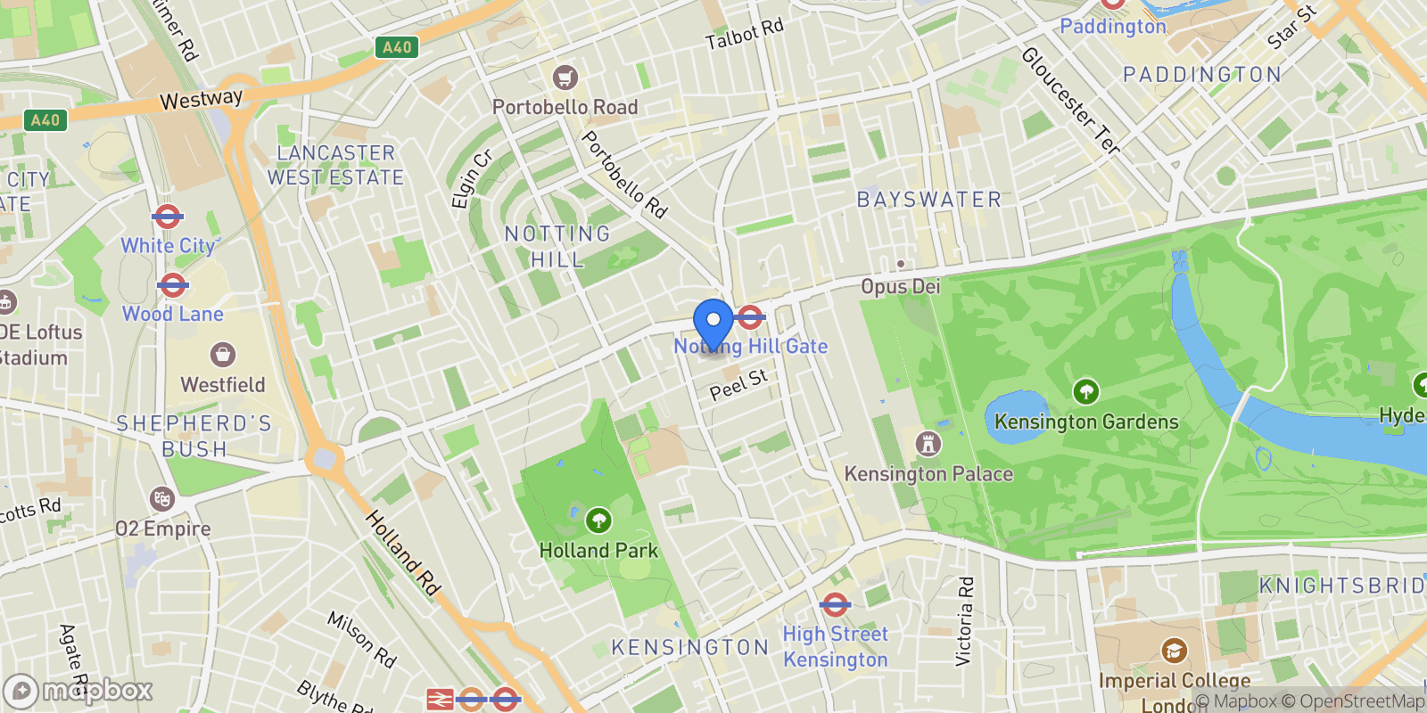 Map showing Hillgate Place, London, W8, London, England, United Kingdom.