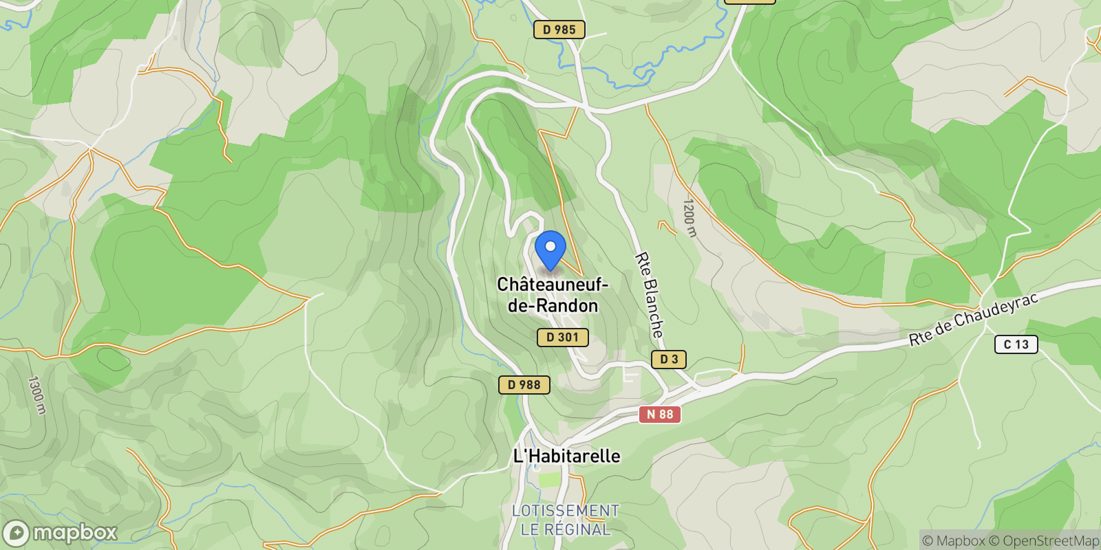 Map showing Châteauneuf-de-Randon, Châteauneuf-de-Randon, Châteauneuf-de-Randon, Occitanie, France.