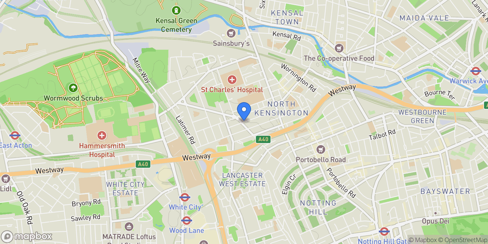 Map showing Bassett Road, London, W10, London, England, United Kingdom.