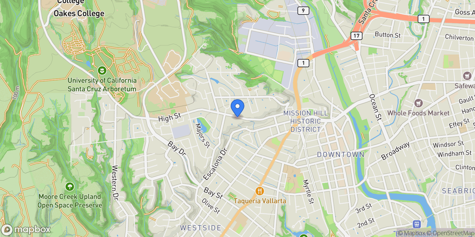 Map showing 623 High Street, Santa Cruz, California, United States.