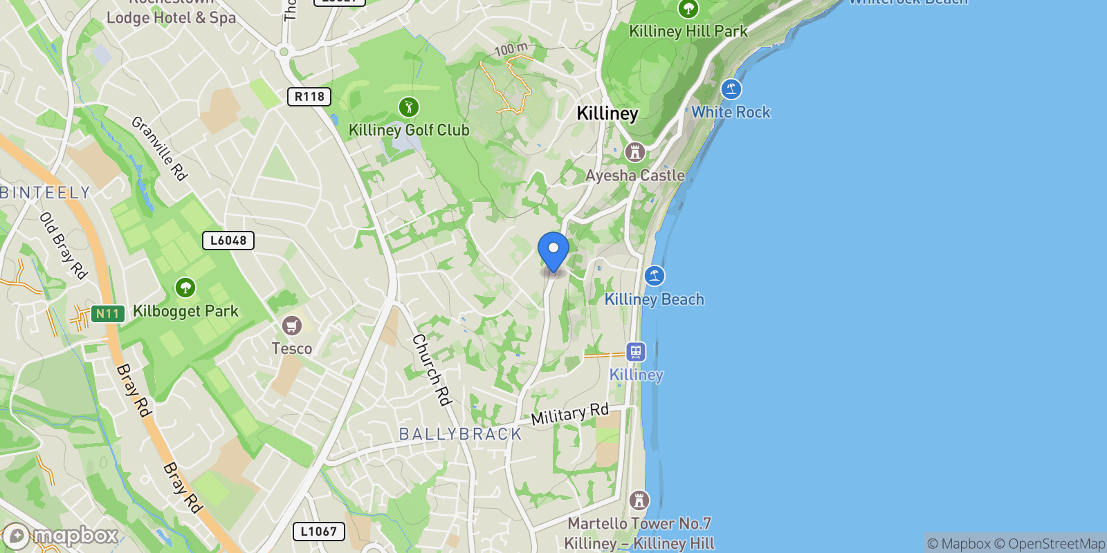 Map showing Oakdene Lodge, Saintbury Avenue, Killiney, Co. Dublin, A96 FX68, Dublin, County Dublin, Ireland.