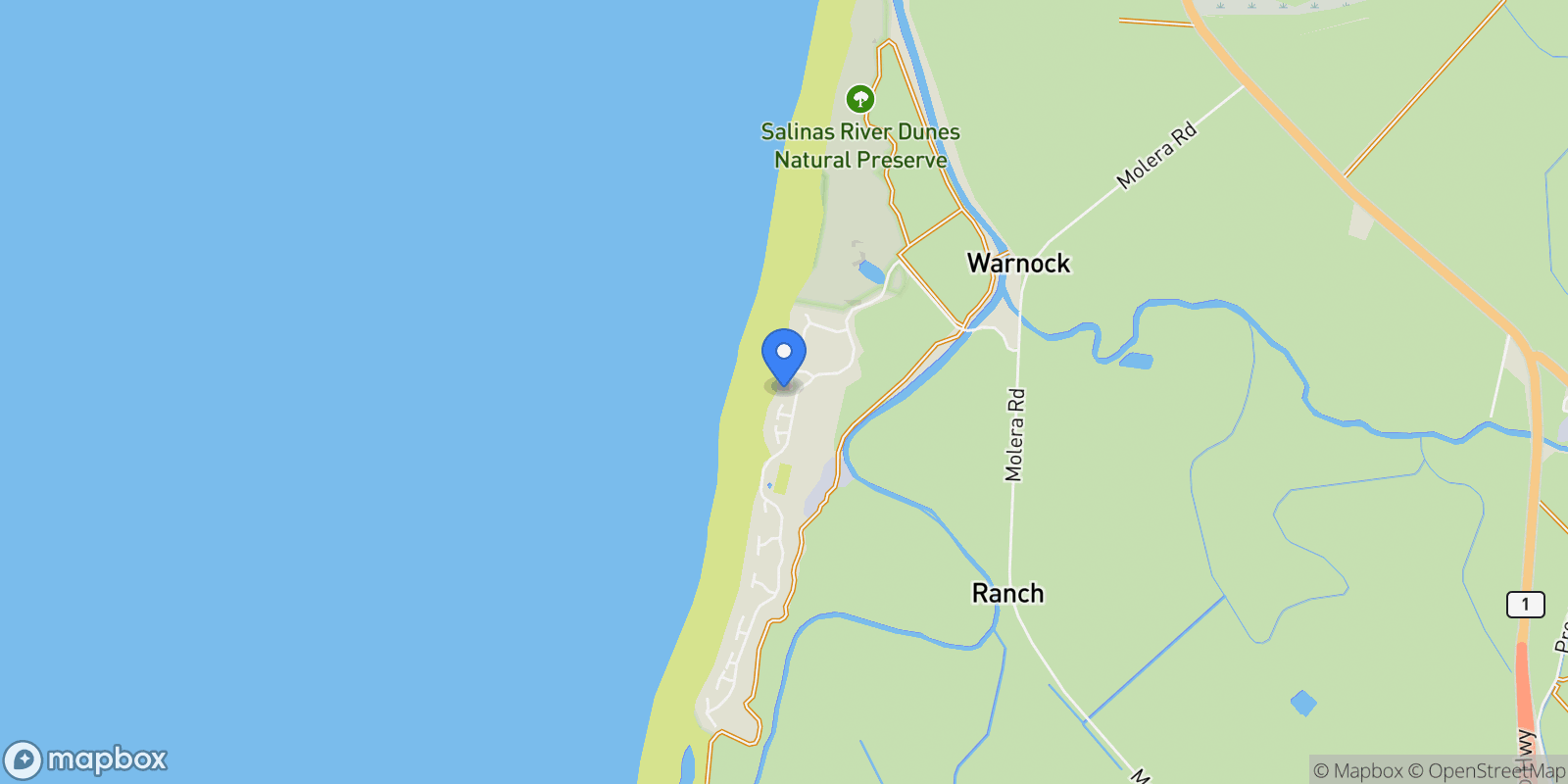 Map showing 160 Monterey Dunes Way, Moss Landing, California, United States.