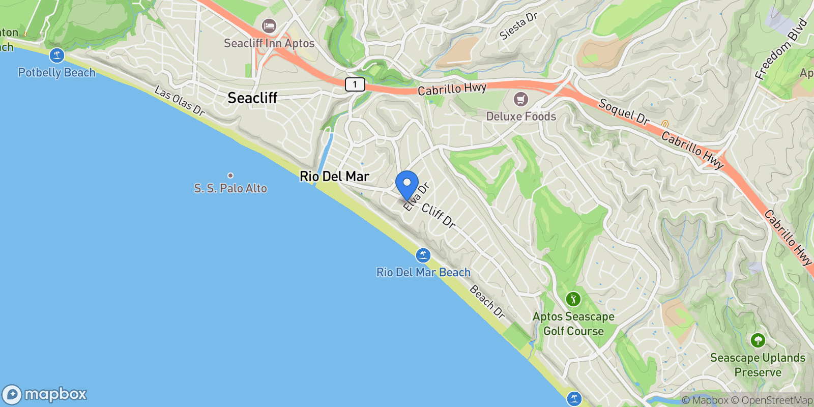 Map showing 320 Cliff Drive, Aptos, California, United States.