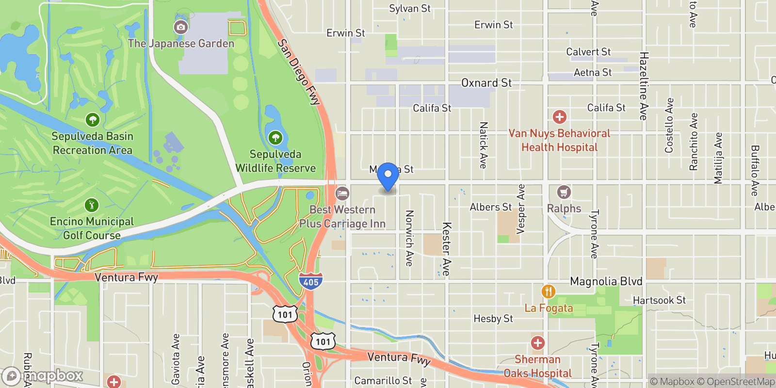 Map showing 15123 Killion Street, Los Angeles, California, United States.