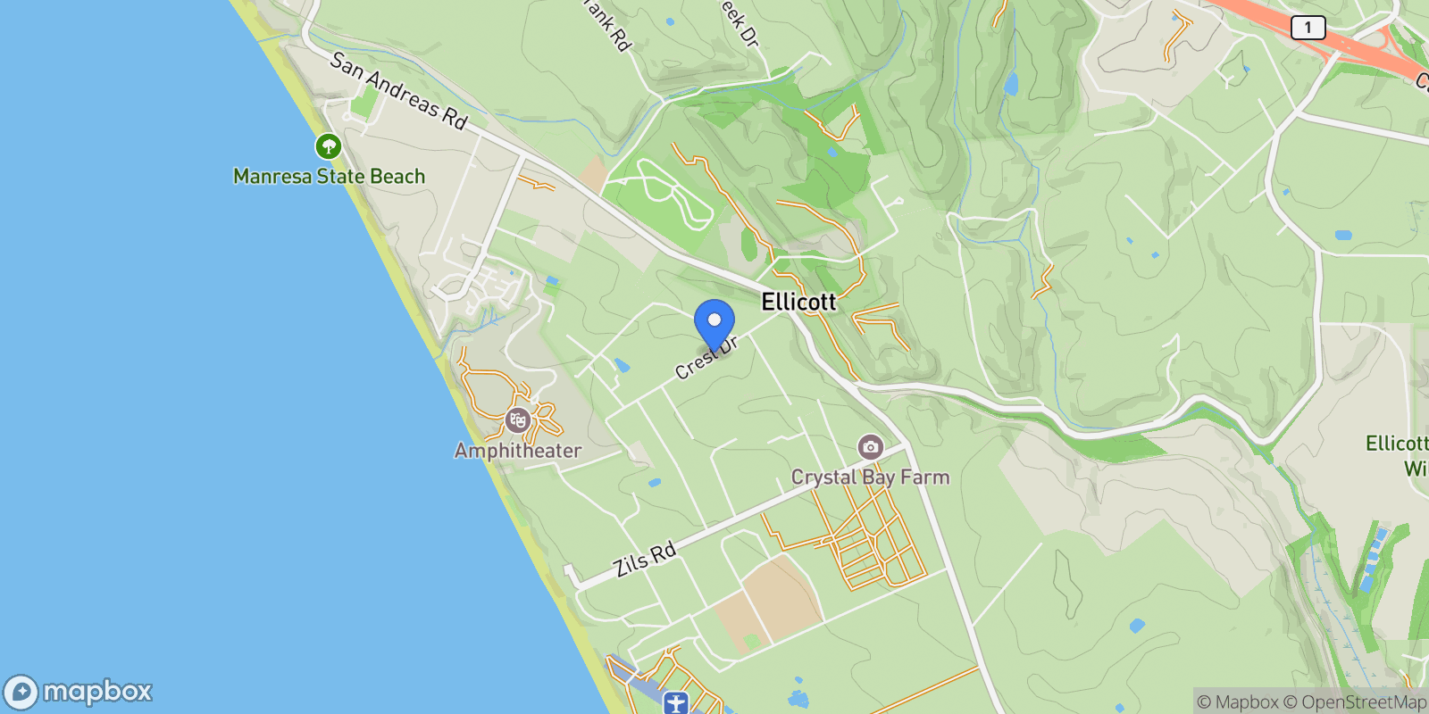 Map showing 69 Crest Drive, Watsonville, California, United States.