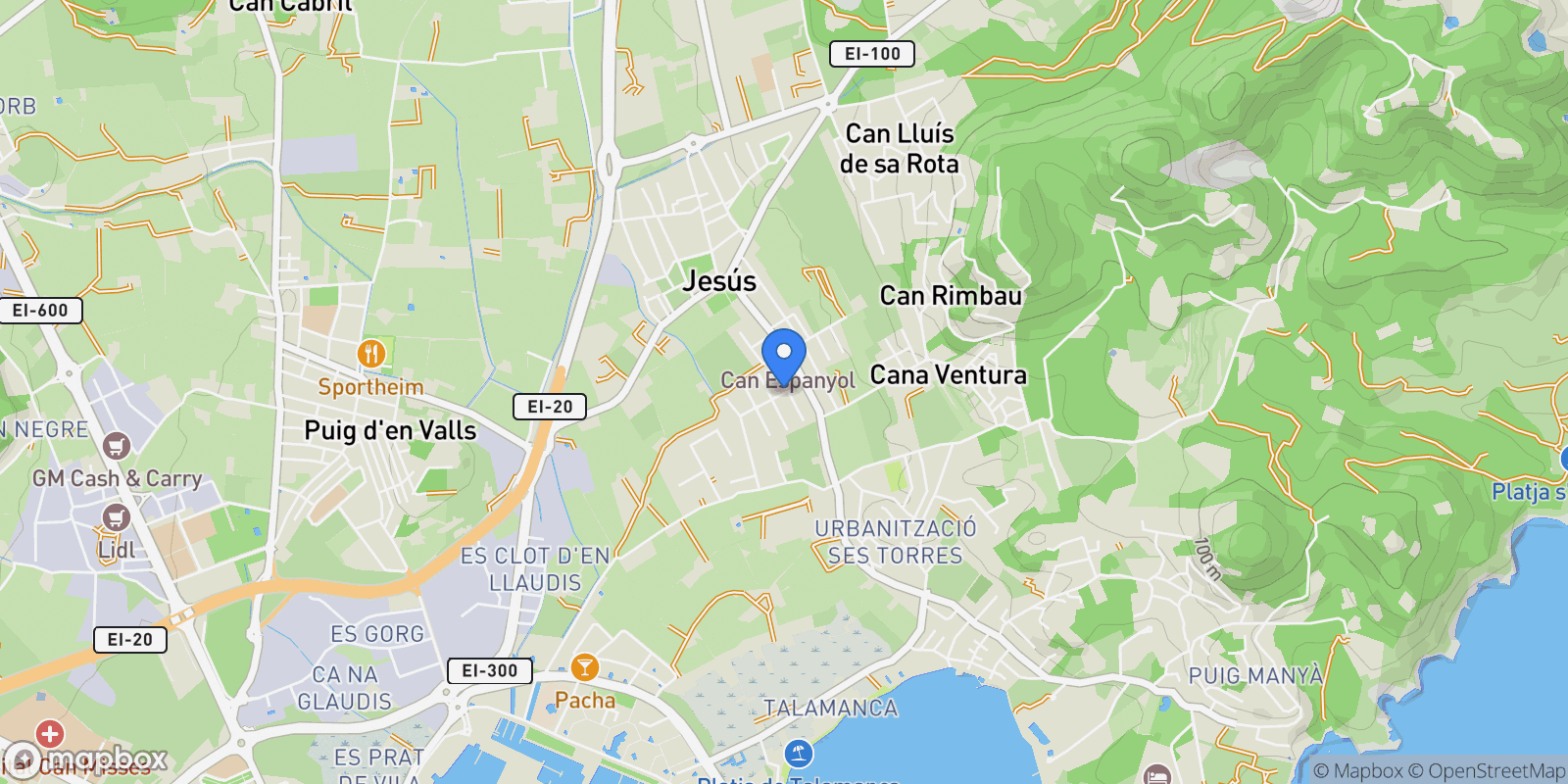 Map showing Jesús, Balearic Islands, Spain, Jesus, Santa Eularia des Riu, Balearic Islands.
