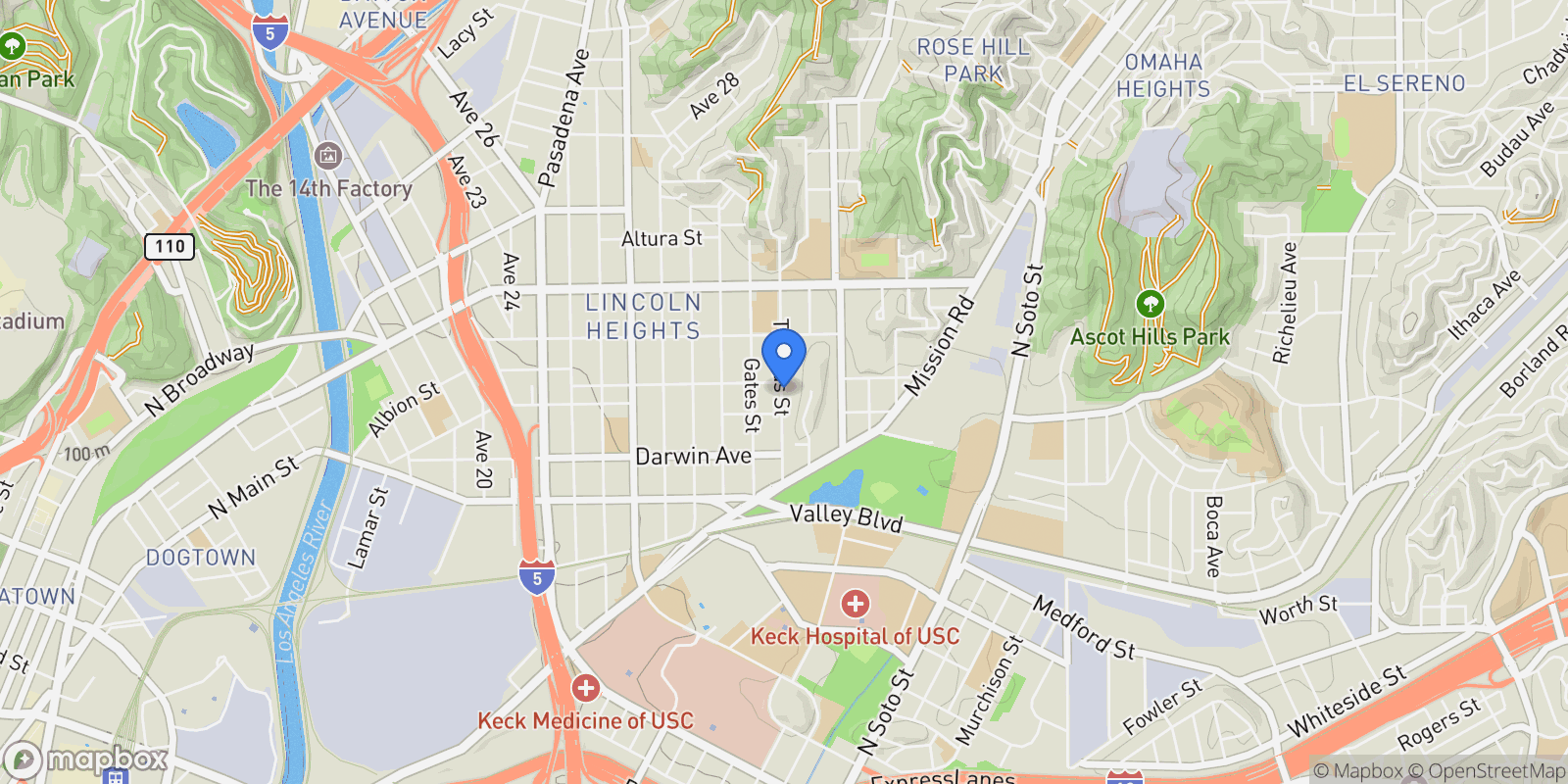 Map showing 2122 Thomas Street, Los Angeles, California, United States.