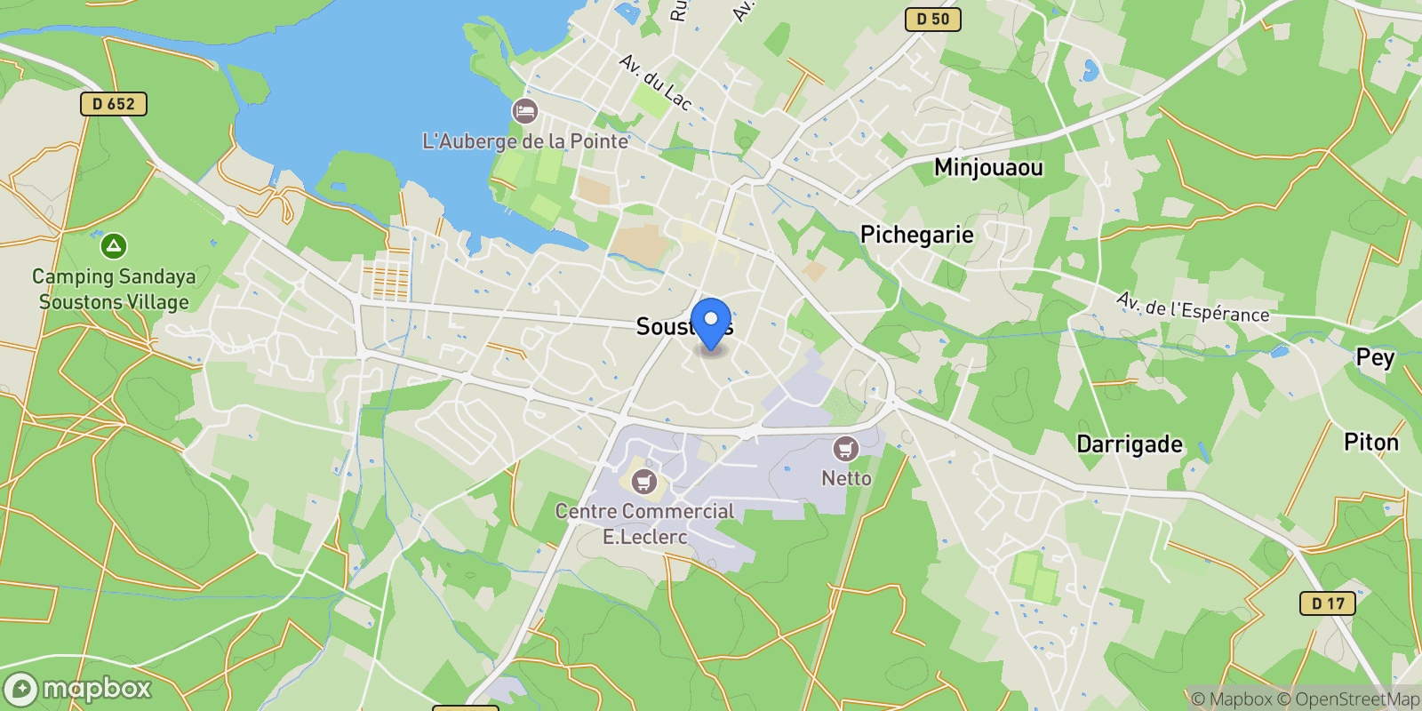 Map showing Soustons, Nouvelle-Aquitaine, France.
