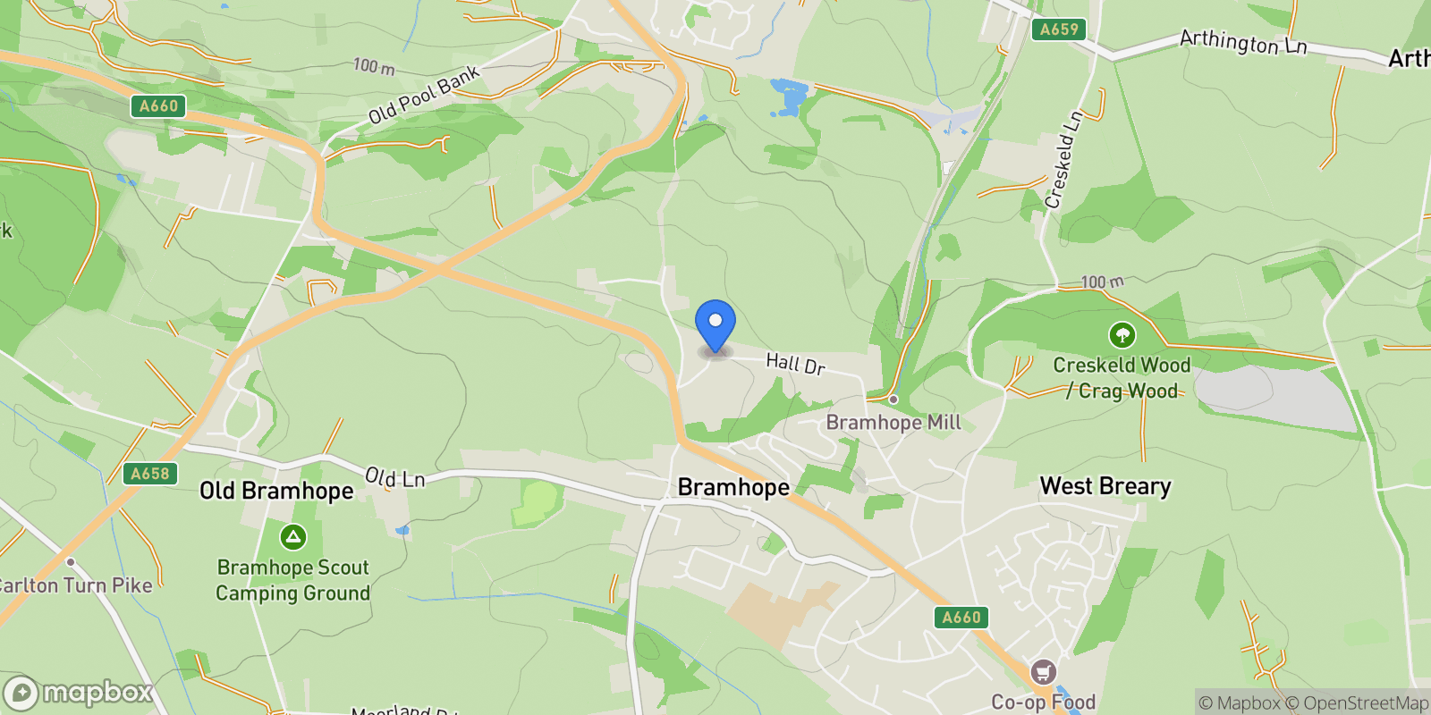 Map showing Hall  Drive, Bramhope, Bramhope, England, United Kingdom.