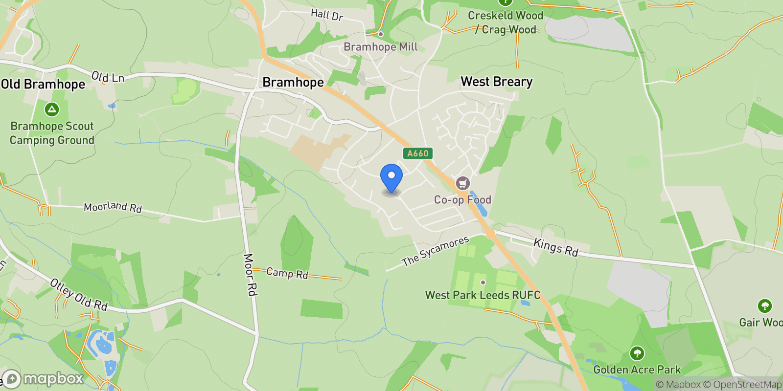 Map showing Sandy Walk, Bramhope, Leeds, West Yorkshire, Bramhope, England, United Kingdom.