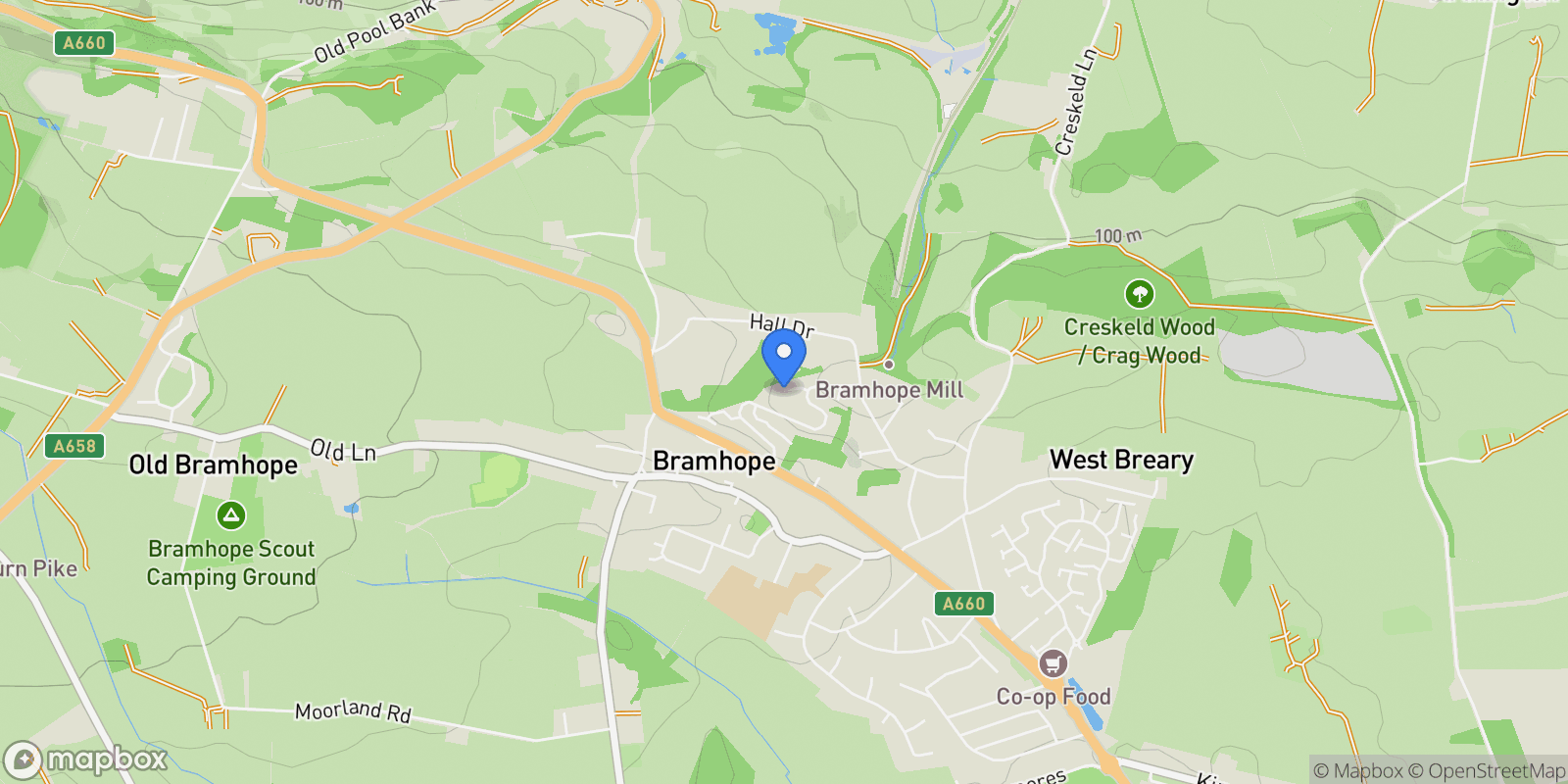 Map showing Hall Close, Bramhope, Leeds, West Yorkshire, Bramhope, England, United Kingdom.