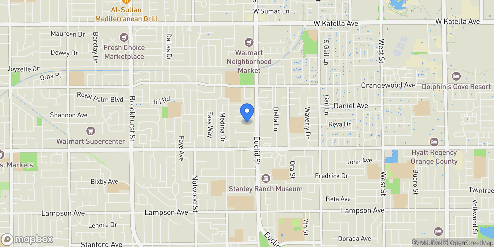 Map showing 10902 Poindexter, Garden Grove, California, United States.