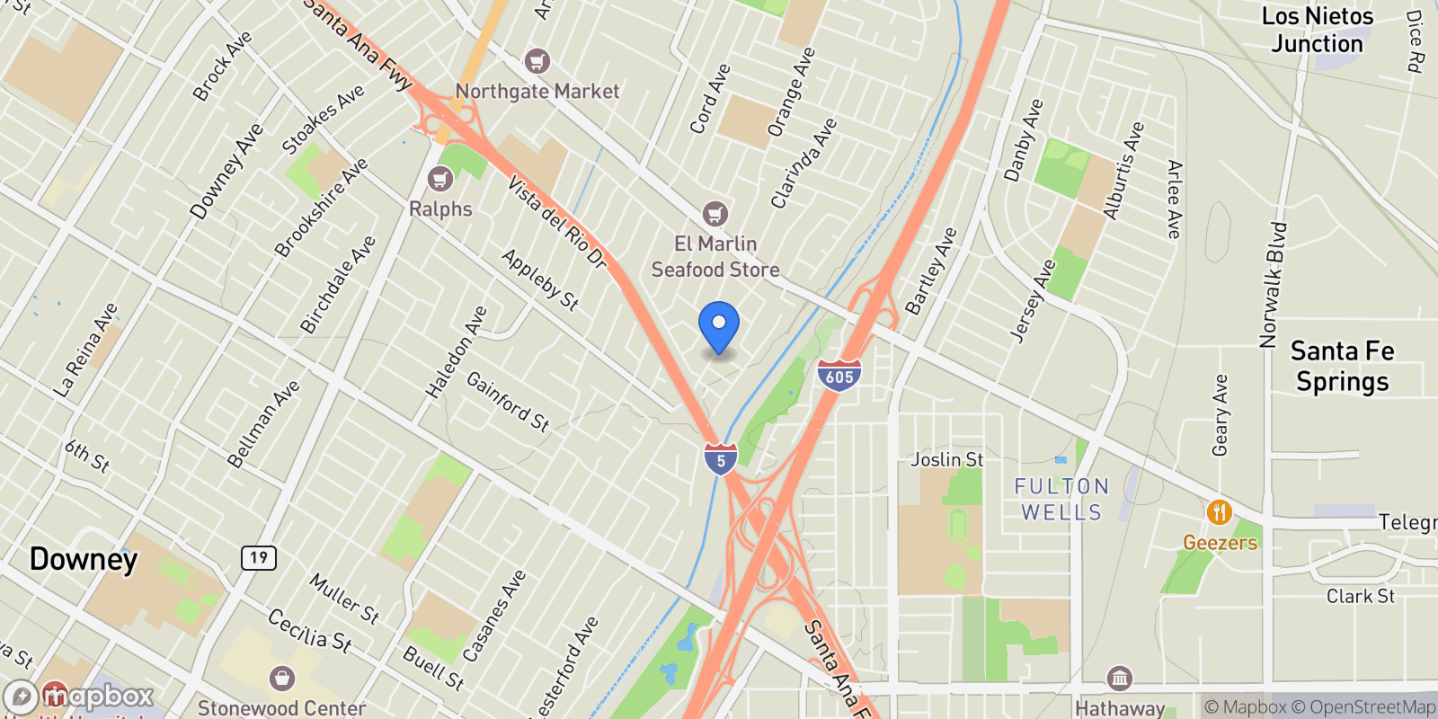 Map showing 9430 True Avenue, Downey, California, United States.