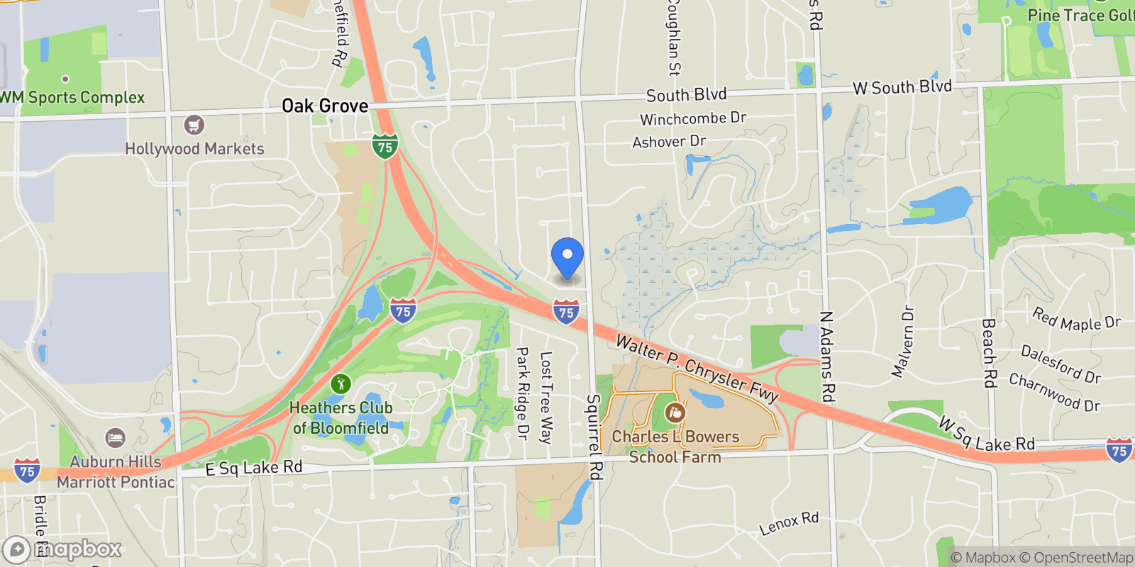 Map showing 1926 Hickory Bark Lane, Bloomfield Hills, MI 48304, Bloomfield Hills, Michigan, United States.
