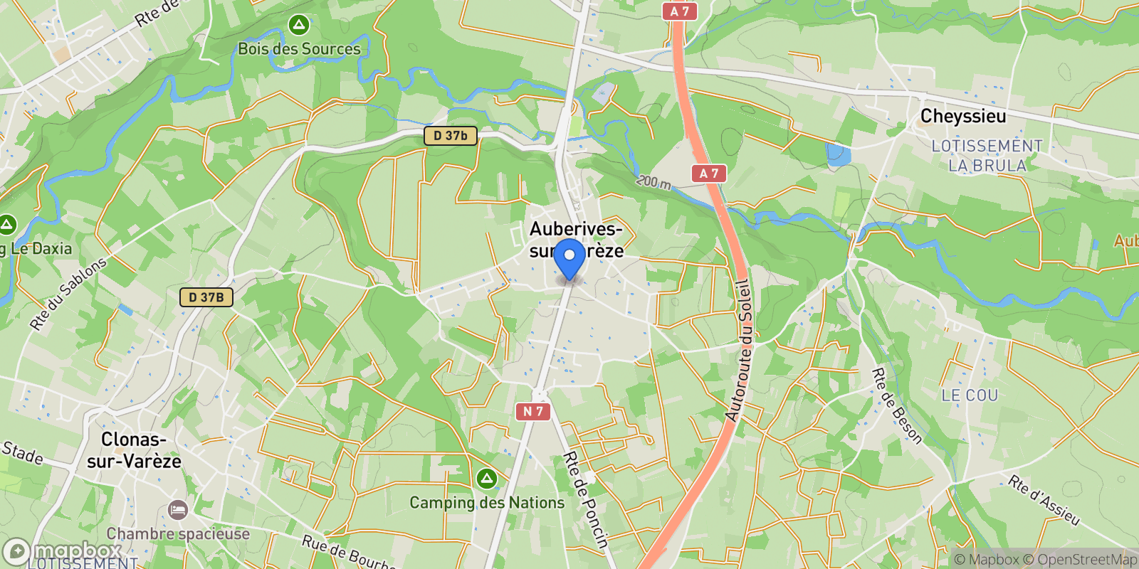 Map showing Auberives-sur-Varèze, Auberives-sur-Varèze, Auberives-sur-Varèze, Auvergne-Rhône-Alpes, France.