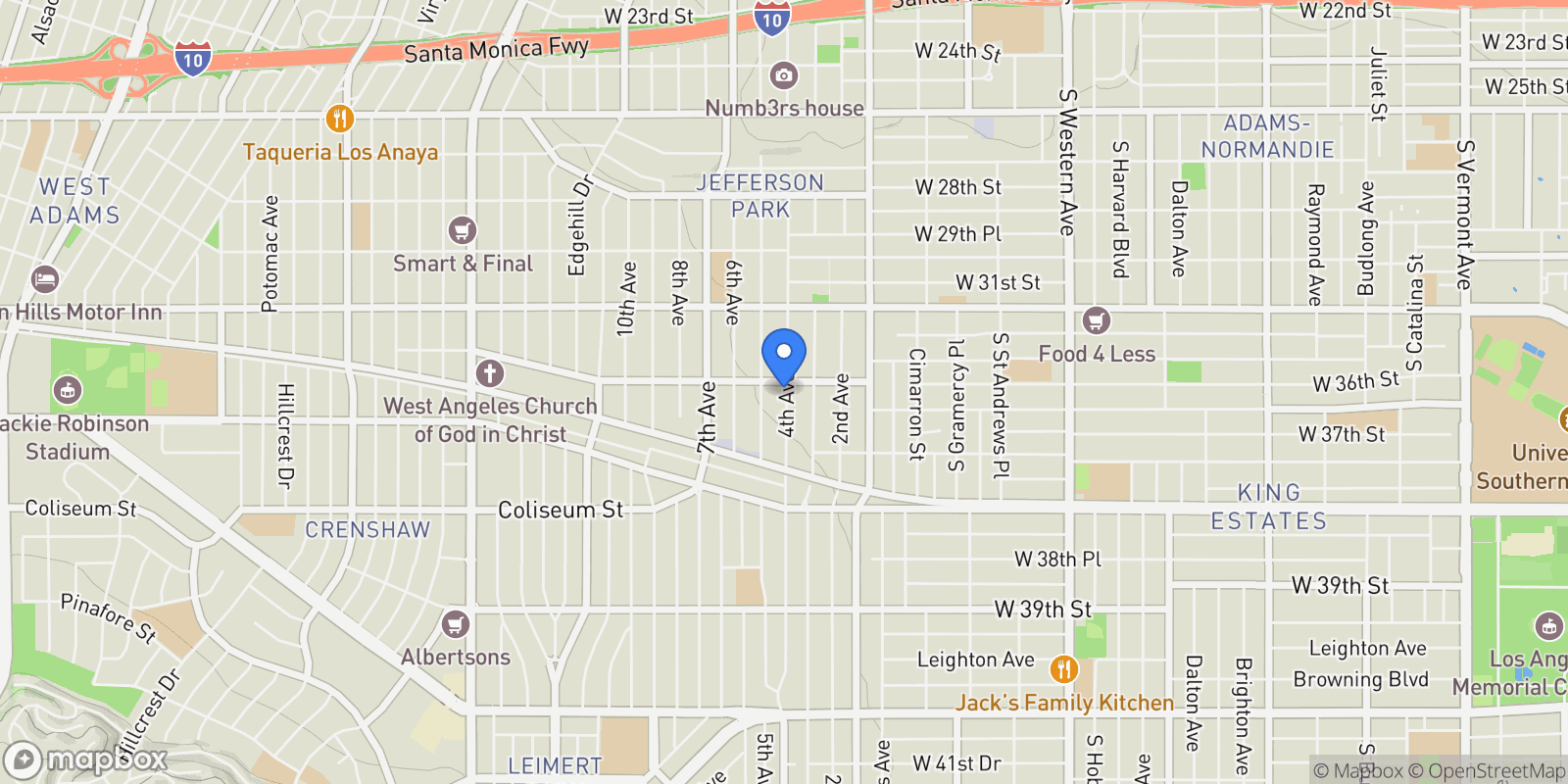 Map showing 3609 4th Avenue, Los Angeles, California, United States.